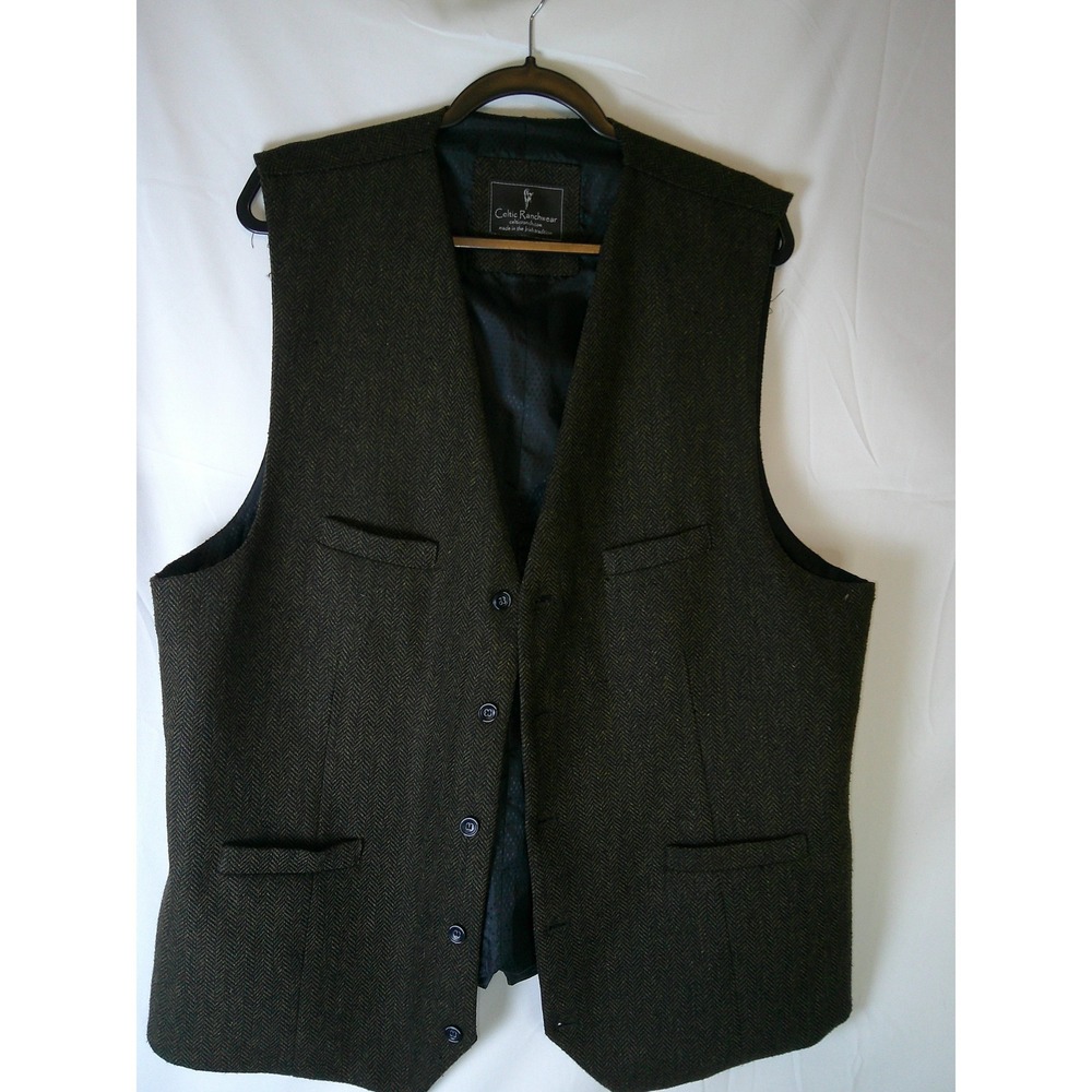 Celtic Ranchwear Mens 2XL Herringbone Tweed Vest Waistcoat Brown/Black Irish 5B